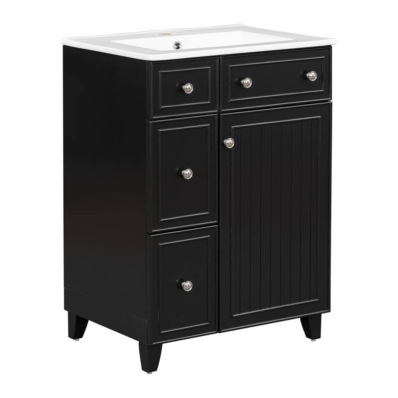 24" Bathroom Vanity Cabinet with Ceramic Sink & 2 Drawers, Bathroom Storage Cabinet Free-standing Single Sink Cabinet, Black