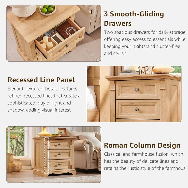 Farmhouse 3 Drawers Nightstand with Charging Station, Rustic End Table