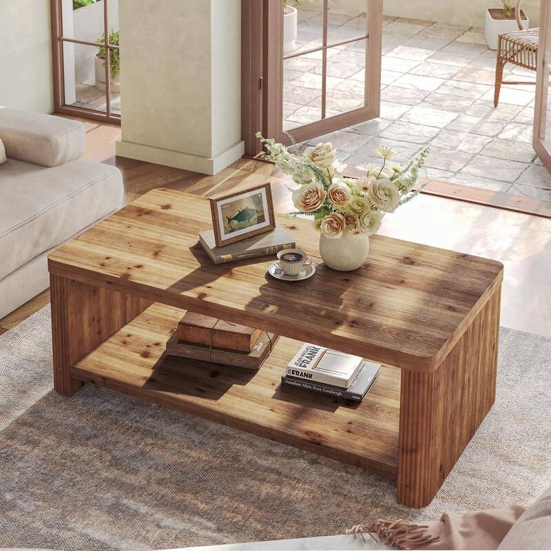 2-Tier Solid Wood Coffee Table for Living Room, 47.24" Rectangle Accent Center Tea Table with Storage