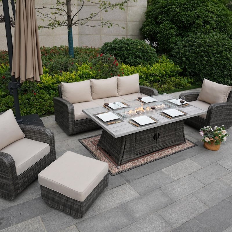 5-Piece Outdoor Wicker Sofa Set with Aluminum Firepit Table