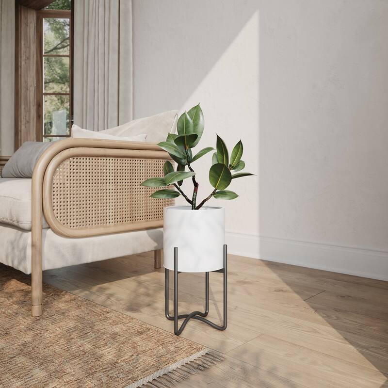 Raya White Mid-Century Modern Indoor Metal Pot Planter with Tall Metal Base - 16.25" H  x 9.25" W - Black