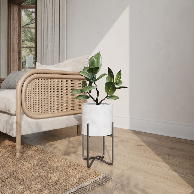 Raya White Mid-Century Modern Indoor Metal Pot Planter with Tall Metal Base