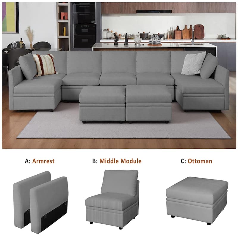 9 Seater Modular Sectional Sofa Couch with Underseat Storage - Grey 7 sets