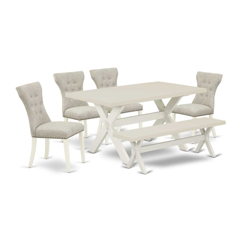 HomeStock 6-Pc Rectangle Natural Oak Finish Solid Wood Top Dining Table with 1-Bench, 4-Chairs