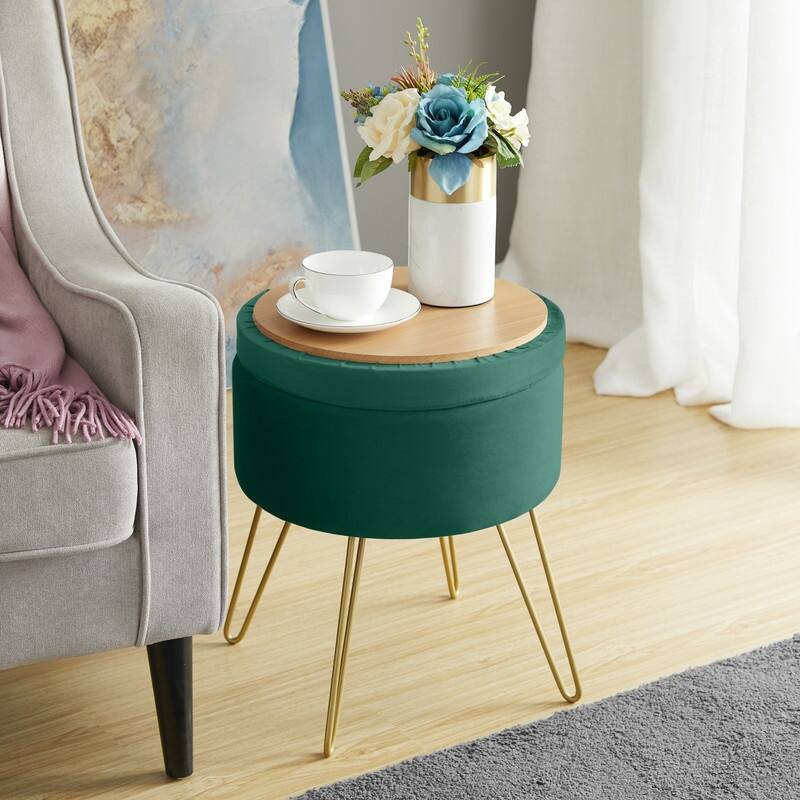 Round Velvet Storage Ottoman with Tray Top Table