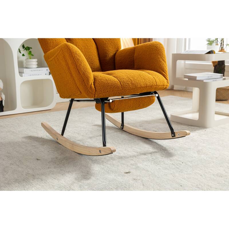High Backrest Nursery Rocking Chair, Teddy Upholstered Glider Chair with Footrest, Recliner Chair with Solid Wood Legs