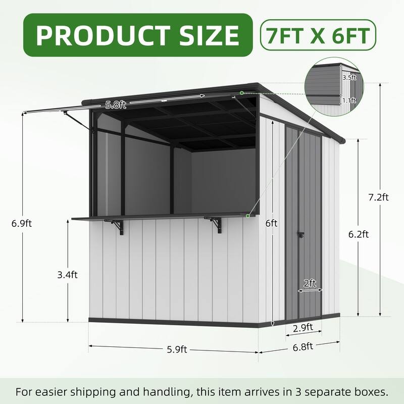 7x6 FT Outdoor Metal Storage Shed, Foldable Bar Counter & Hydraulic Overhang, Lockable Backyard Cabana - 7x6 FT