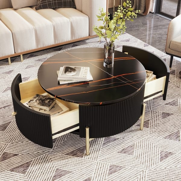 slide 2 of 27, Modern Marble Round Coffee Table with 2 large Drawers Storage Black