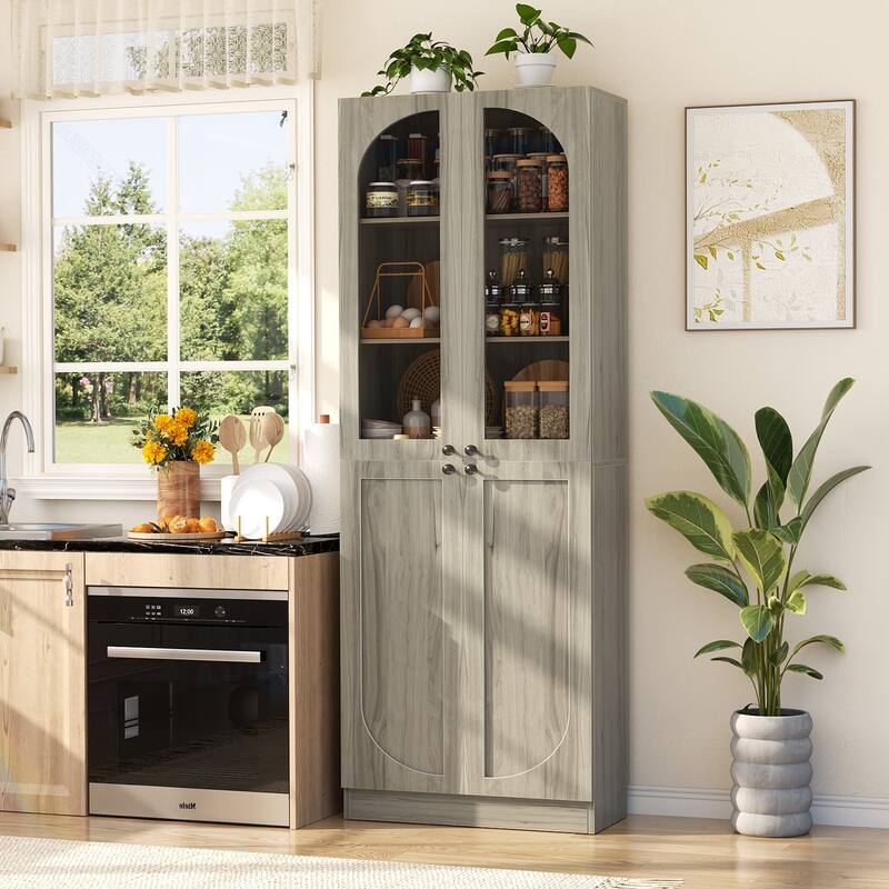 80" Tall Kitchen Pantry Storage Cabinet with 4 Doors & Adjustable Shelves, Freestanding 6-Tiers Buffet Cabinets for Dining Room - Oak