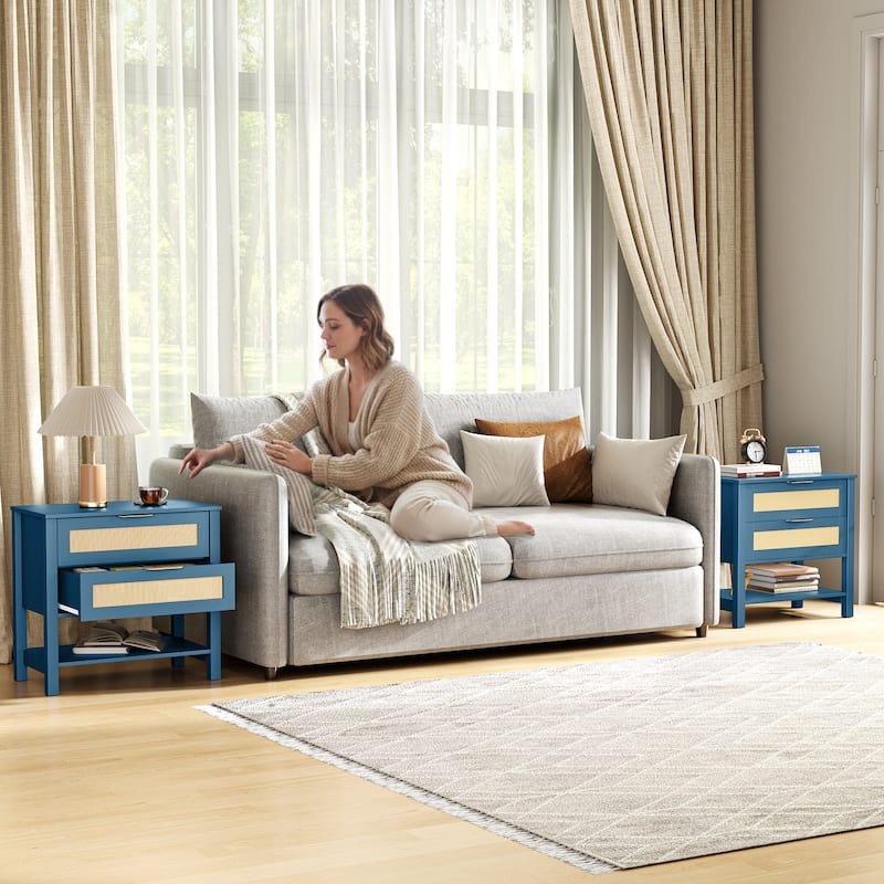 Rattan Nightstand with 2 Drawers and Storage Shelf Boho Bedside Narrow Side Table for Bedroom