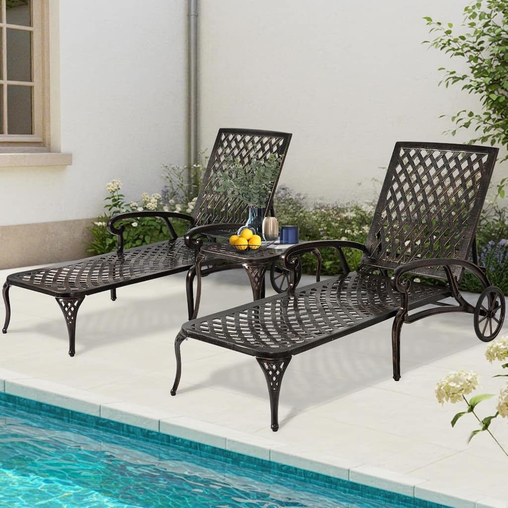 HOMEFUN Aluminum Outdoor Waterproof Chaise Lounge Chair with Adjustable Backrest and Wheels