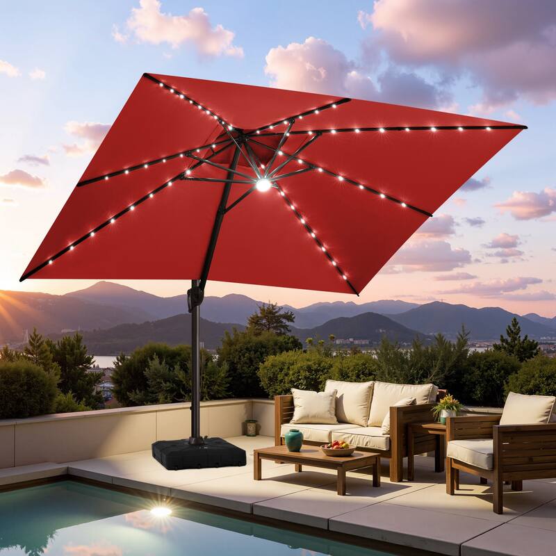 10 FT x 13 FT Outdoor Patio Premium LED Lighted Double Top Cantilever Offset Umbrella with Base - Red