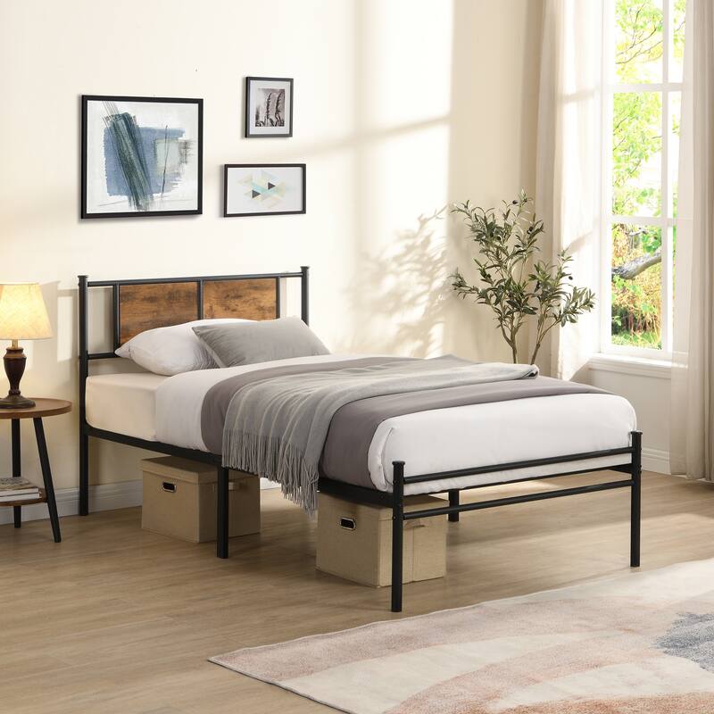 Twin XL Metal Bed Frame with Wood Panel Headboard, Under Bed Storage, No Box Spring Needed, Black - Black+Brown