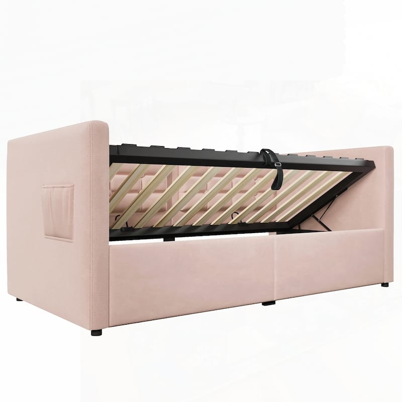 Hydraulic Storage Twin Bed Frame with Wooden Slats and Tufted Sofa Back