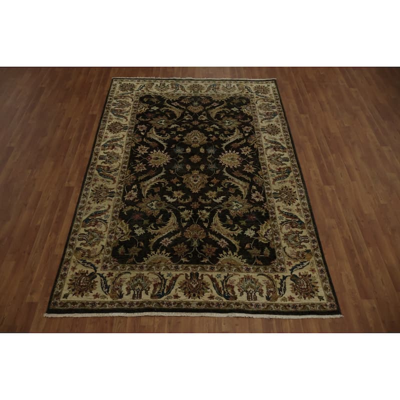 Hand Knotted Oriental 100% Wool Carpet Traditional All-Over Black Peshawar Area Rug - 9' 0'' X 6' 2''