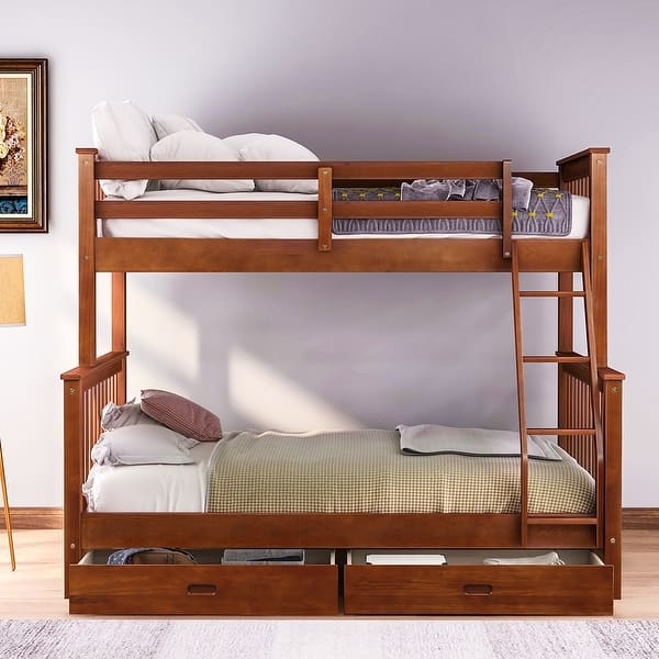 slide 1 of 24, Pine Wood Twin-Over-Full Bunk Bed with Ladders and 2 Storage Drawers