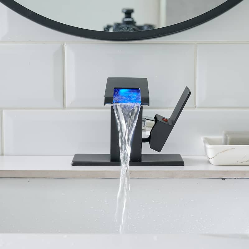 Bathroom Sink Faucet LED Light 3 Colors Changing Waterfall Glass Spout Hot Cold Water Mixer Single Handle One Hole