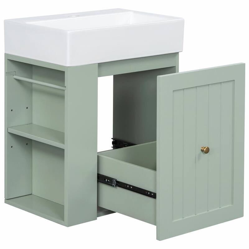 20-Inch Bathroom Vanity with Ceramic Sink - MDF Storage Cabinet with Drawer, Side Shelf and Silver Handle