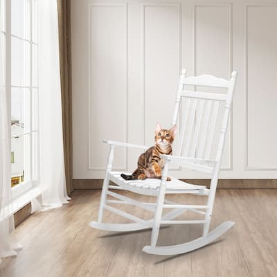 Outdoor Wood Rocking Chair 450 lbs High Back Solid Wood Relaxing Rocker