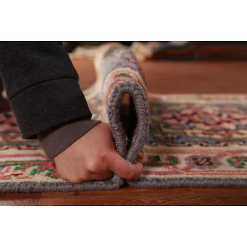 Hand Knotted Oriental 100% Wool Carpet Traditional Geometric Navy Blue & Blues Heriz (serapi) Runner Rug - 8' 1'' X 2' 6''