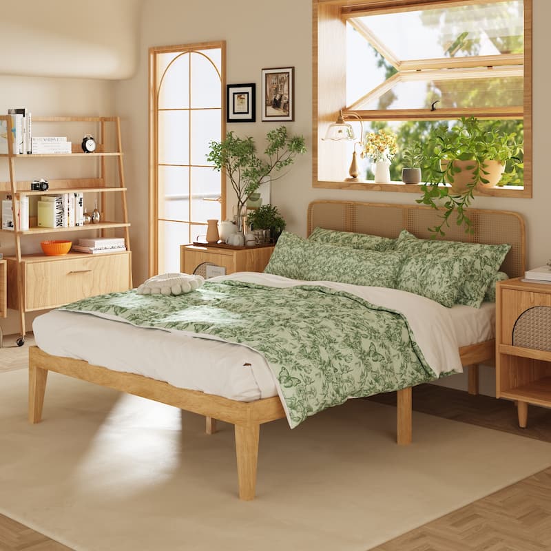 Solid Wood Platform Bed Frame with Rattan Headboard, 600 lbs Heavy Duty Support, Plywood Slats Queen / Full Size
