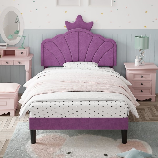 slide 2 of 12, Javlergo Twin Size Platform Bed Frame with Crown Headboard Adjustable Height Upholstered Princess Bed for Kids Purple