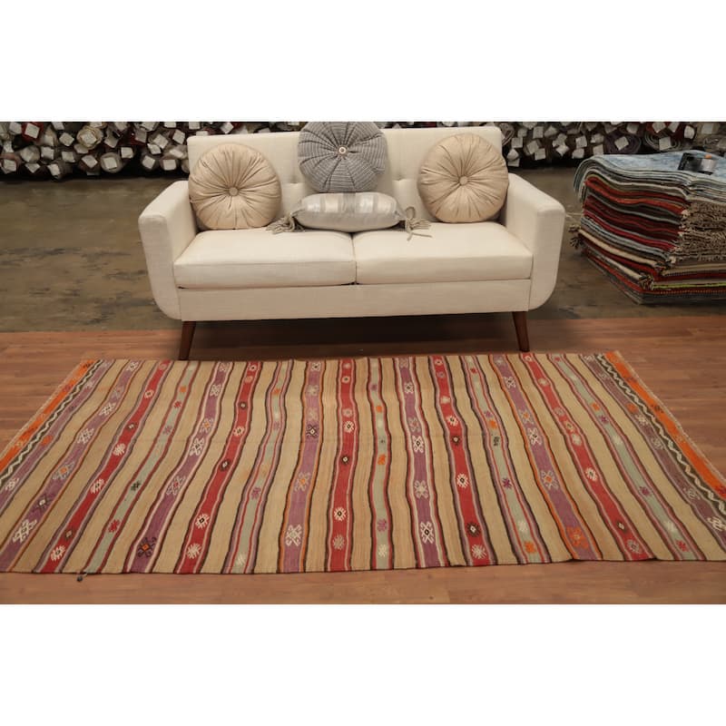 Hand Woven Oriental 100% Wool Carpet Southwestern Tribal Multi-Colored Kilim Area Rug - 7' 4'' X 4' 4''