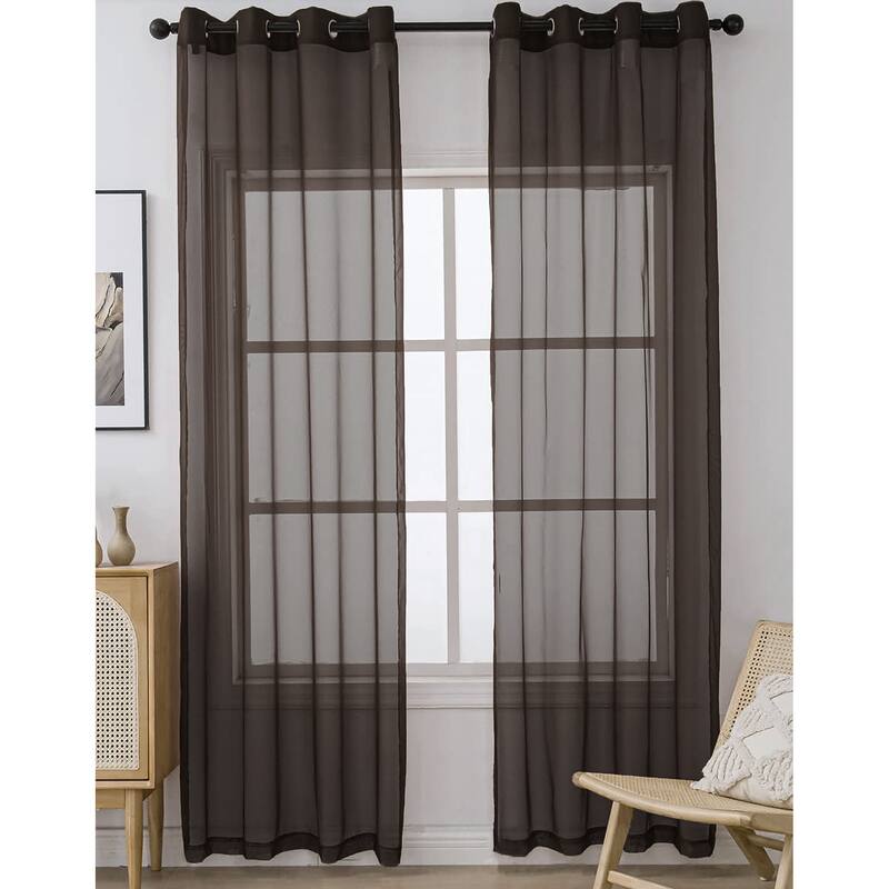 84" Inches Long - 2 Panels - Chocolate Sheer Window Grommet Curtain Set - 55" x 84" - Chocolate - 55" x 84"