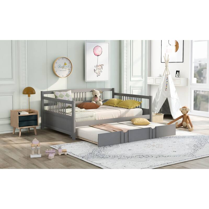 Full Size Wood Daybed with Twin Trundle, Gray