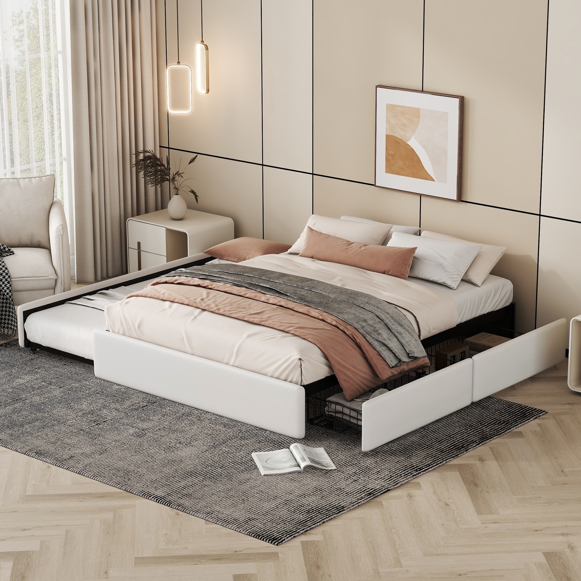 Queen Bed Frame with 2 Drawers and A Twin XL Trundle Bed Leather