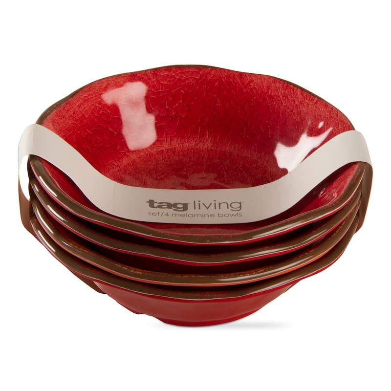 10oz. 7 in. Veranda Cracked Glazed Solid Red Wavy Edge Melamine Serving Bowls 4 pc