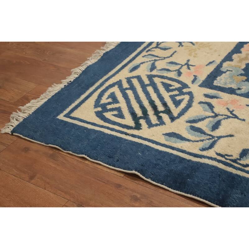 Hand Knotted Oriental 100% Wool Carpet Traditional Floral Navy Blue & Blues Art Deco Area Rug - 8' 9'' X 5' 10''