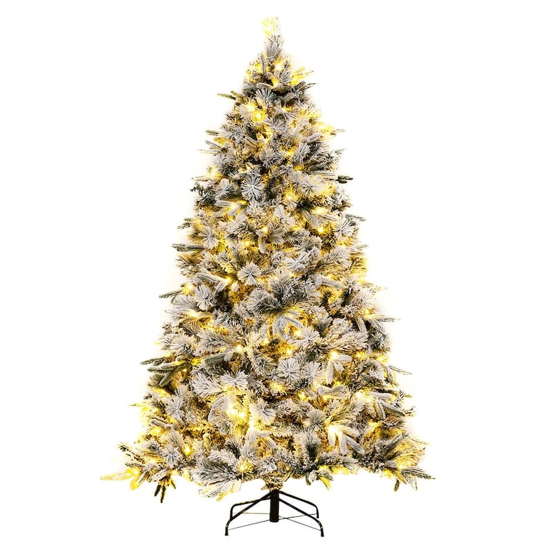 Costway 6/7 FT Pre-Lit Flocked Christmas Tree Hinged Xmas Decoration