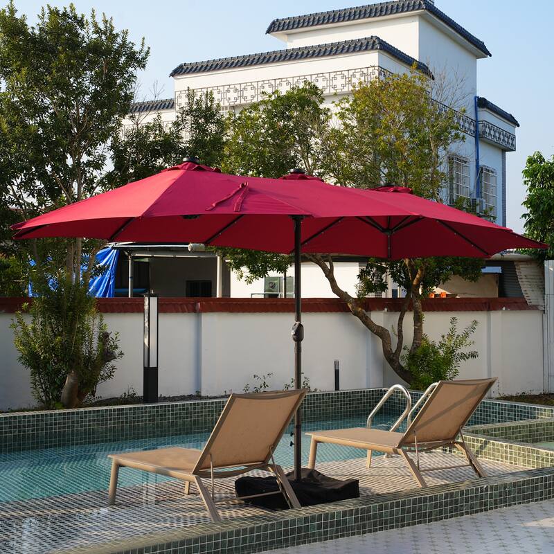 Clihome 15FT Double-Sided Solar Light Market Crank Umbrella with Base