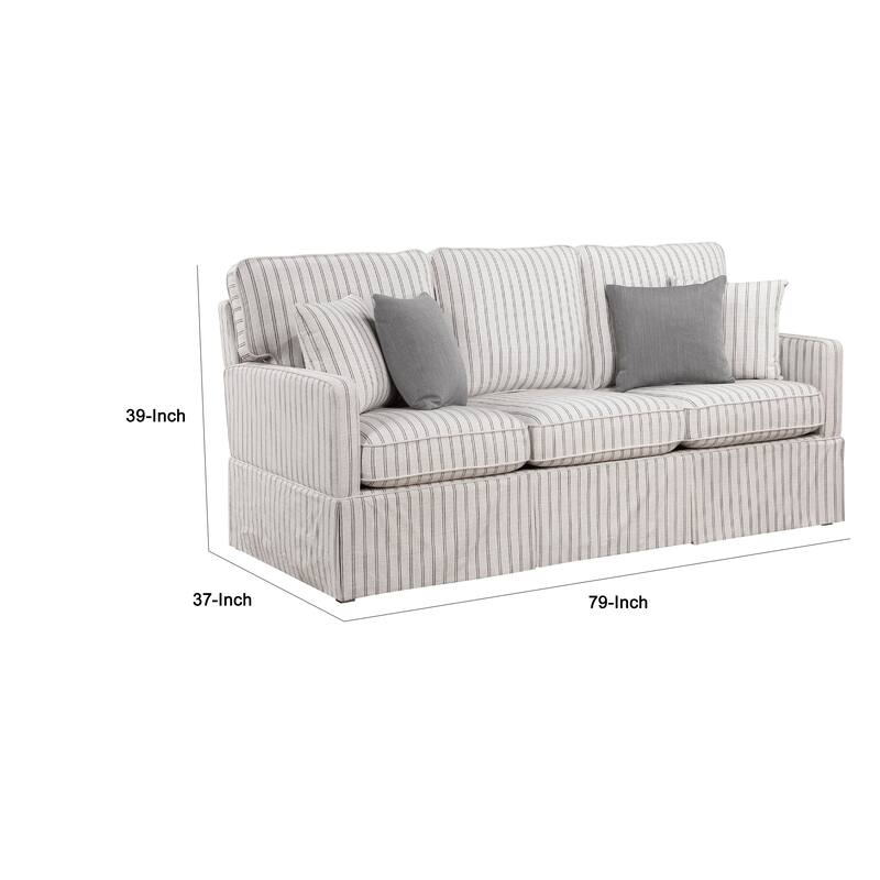 Tory Sofa with 4 Throw Pillows, Gray White Striped Polyester, 79 Inch