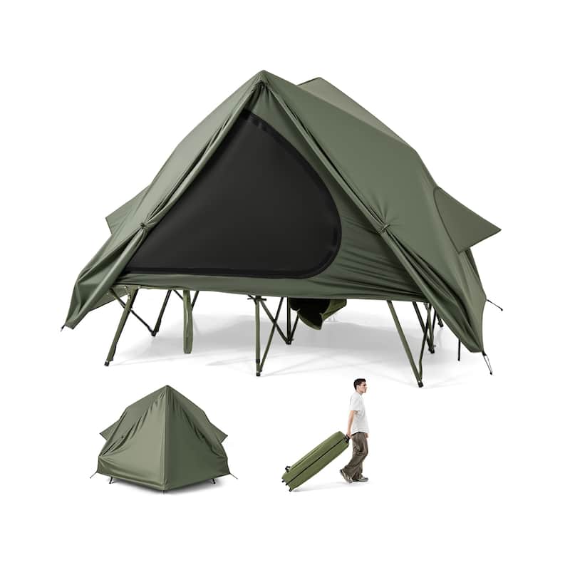 Green Oxford Cloth Metal 2-Person Camping Tent Cot Combo with Rainfly and Wheeled Bag - 80" x 51" x 64"