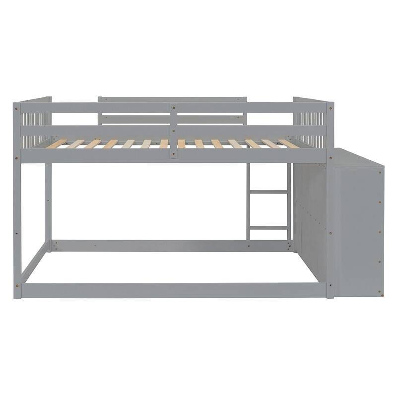 Twin Over Twin/Full Over Full Floor Bunk Bed with Drawers and 3 Storage Shelves, Solid Wood Low Bunk Bed Frame with Ladder