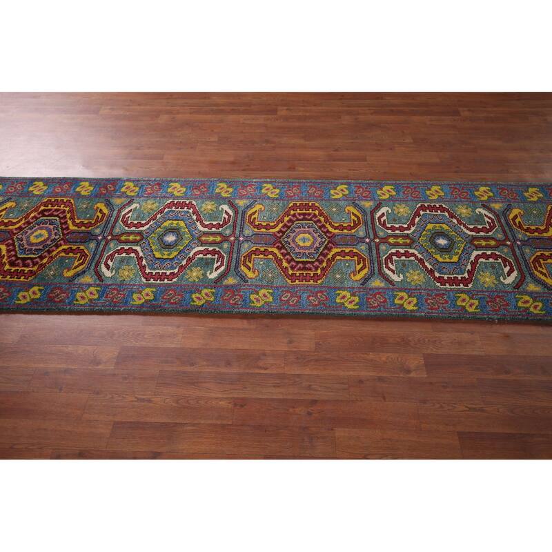 Geometric Kazak Oriental Runner Rug Hand-Knotted Wool Carpet - 2'6"x 9'9"