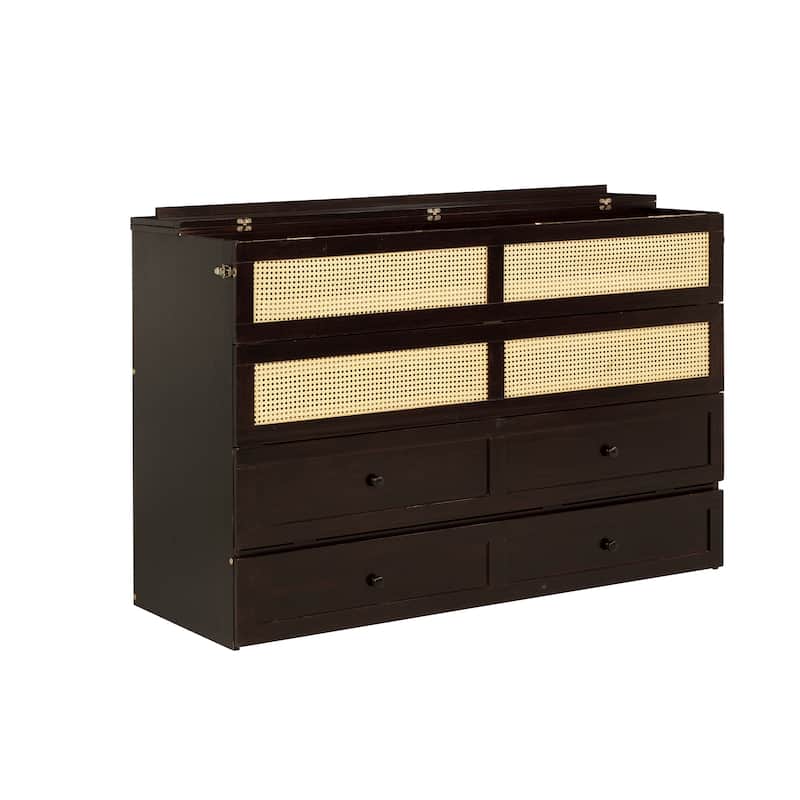 Queen Size Wall Murphy Bed, Pine Wood Foldable Cabinet Bed with Rattan Decoration and Storage Drawer, Wood Slats Support