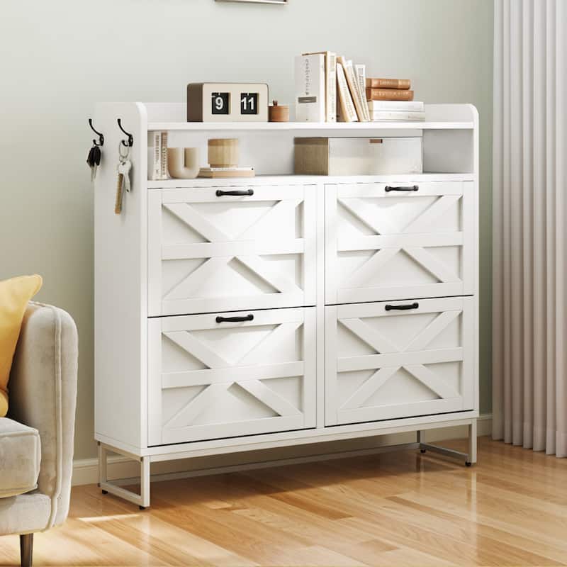 Moasis 24 Pairs Farmhouse Shoe Storage Cabinet 4 Flip Drawers Shoe Organizer