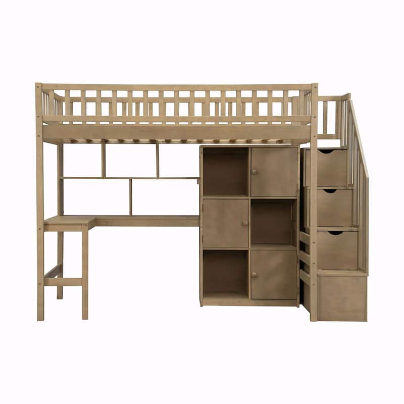 Wooden Twin Loft Bed with Built-in Desk, LED Lights, Storage Shelves, Cabinets & Staircase