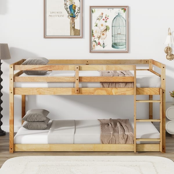 slide 2 of 10, Natural Twin over Twin Size Solid Rubber Wooden Loft Bed Natural