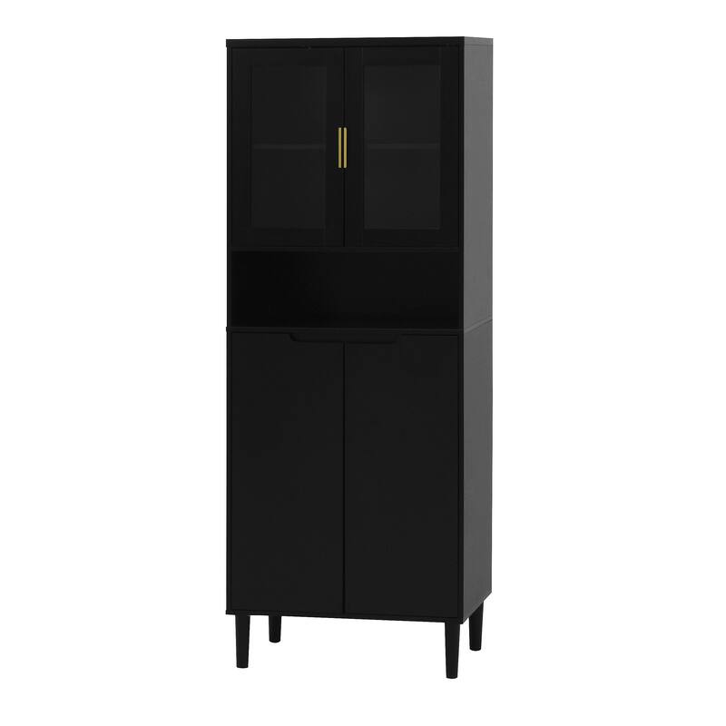 Tall Kitchen Pantry Cabinet with 2 Glass Display Doors & 2 Solid Doors