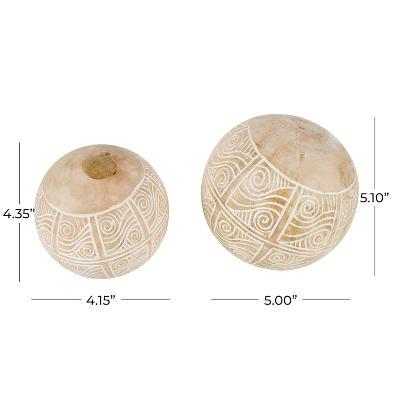 Cream Mango Wood Handmade Decorative Ball Orbs & Vase Filler with Carved Lines or Tribal Patterns (Set of 2)