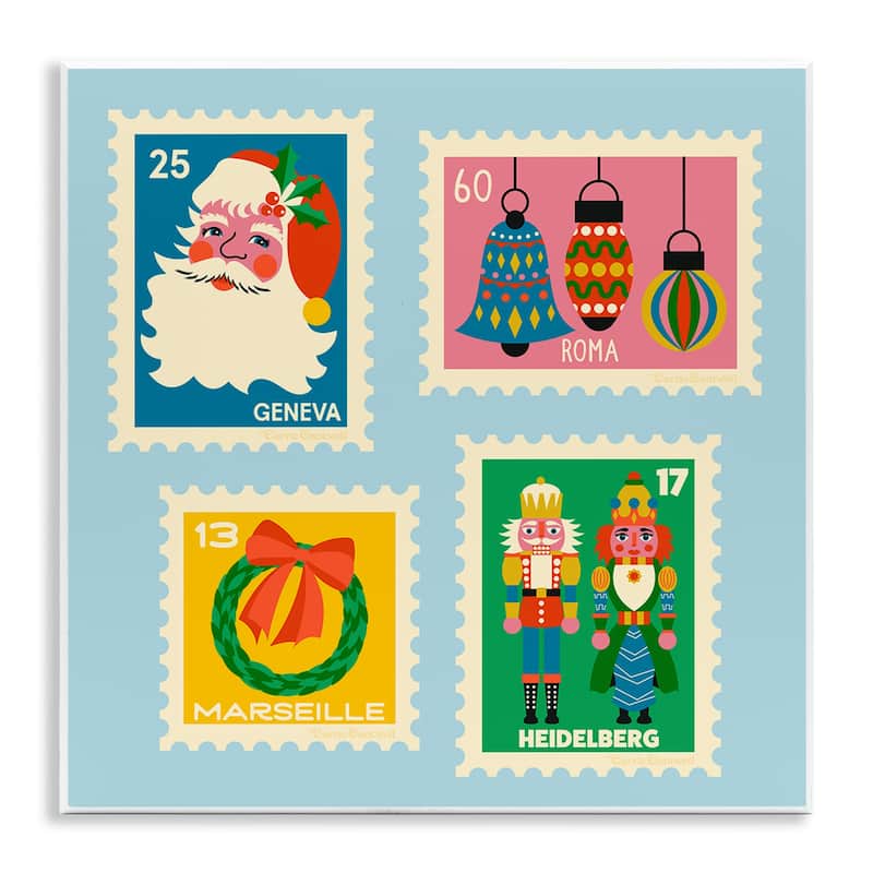 Stupell Vintage Christmas Postage Stamps Wall Plaque Art Design By Carrie Cantwell - 12 x 12