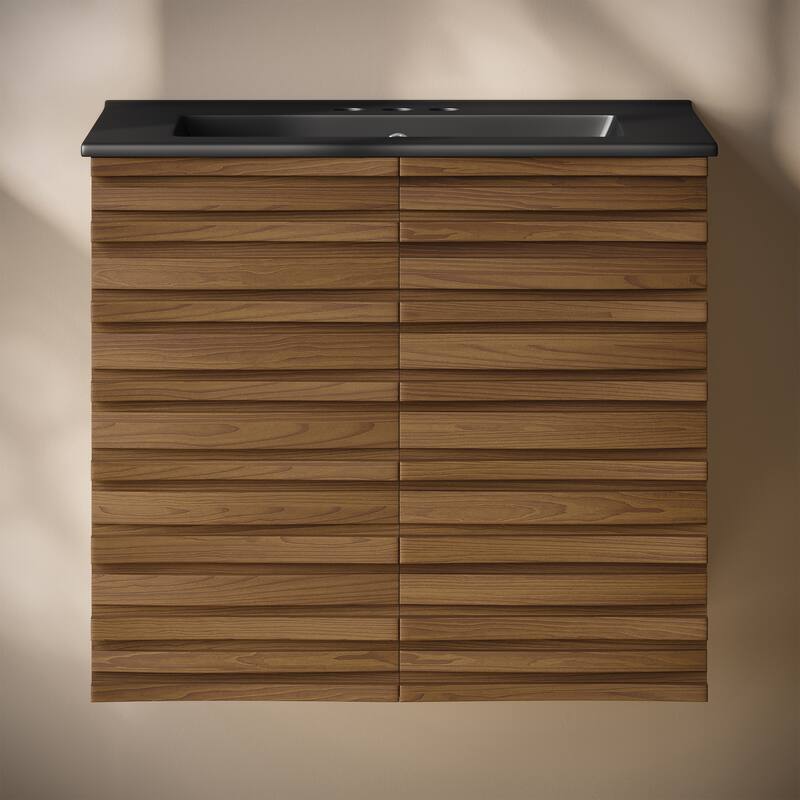 Cascade 24" Wall-Mounted Bathroom Vanity In Brown Oak With Black 3-Hole Centerset Sink Top - 24