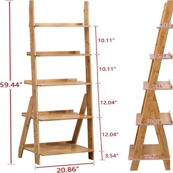 5 Tier Bamboo Ladder Shelf, 100% Bamboo, Blocking Crossbar, Modern