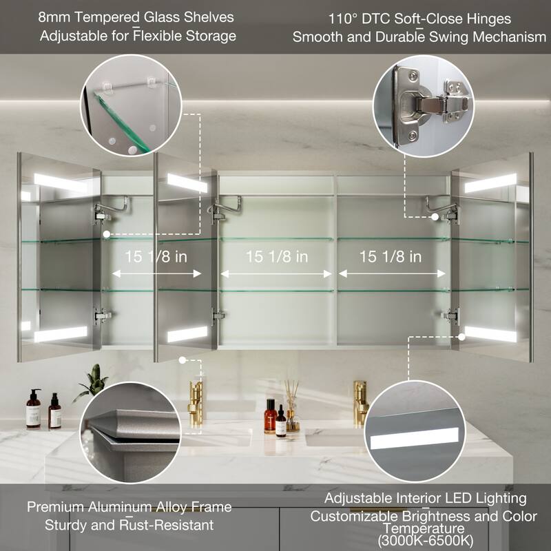 30-48'' W x 24'' H Surface or Recessed LED Bathroom Medicine Cabinet With Mirror,Defog & Quiet Hinges