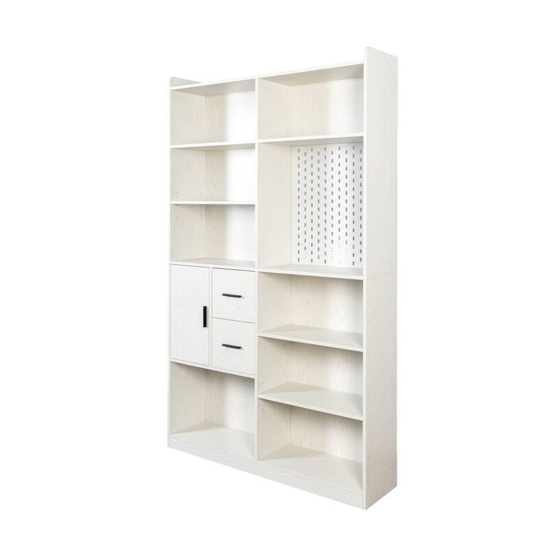 Modern Bookshelf w/ Pegboard and Drawers, 9-Cubby Bookcase Display Shelves, Storage Shelving Unit for Living Room, Home Office