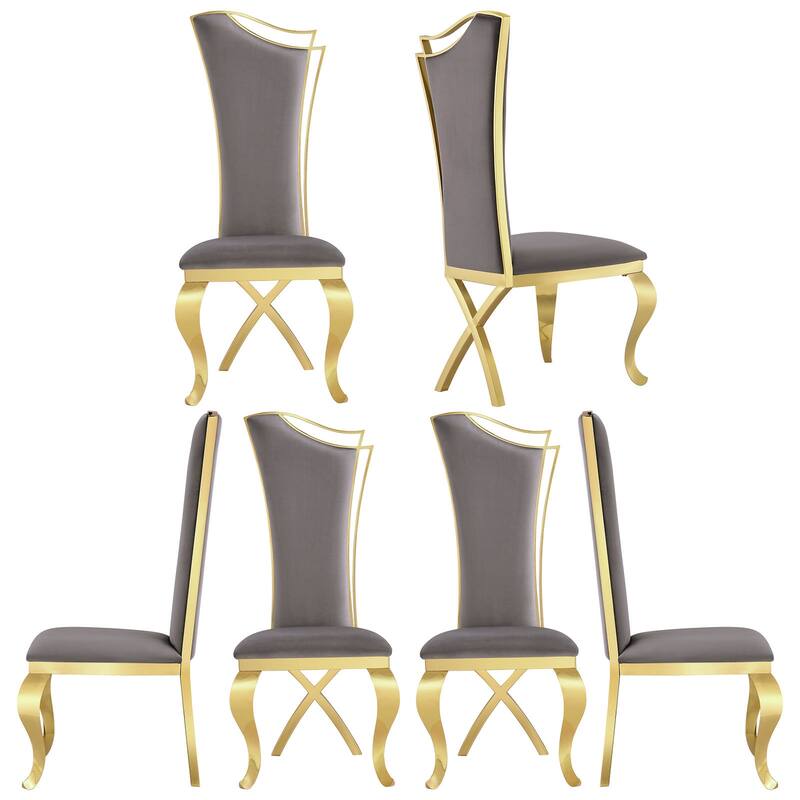 Gray Velvet Upholstered Dining Chairs with high Back and Mirror X-Shaped Metal Legs